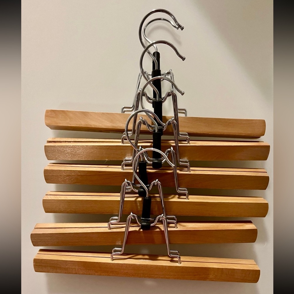 Container Store wooden skirt/slack hangers. Set of 6. New.